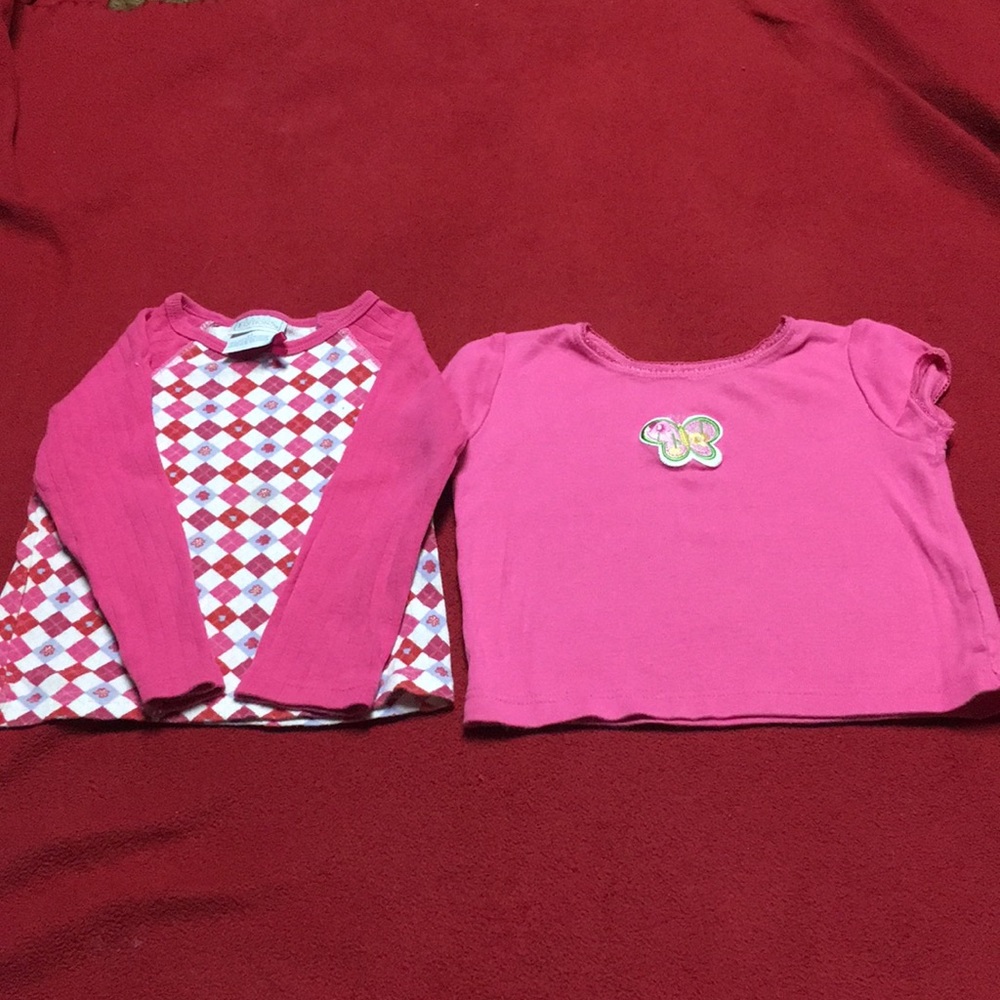 Argyle & 1 butterfly Girls size 3 T -Lot of 2 pink shirts EUC